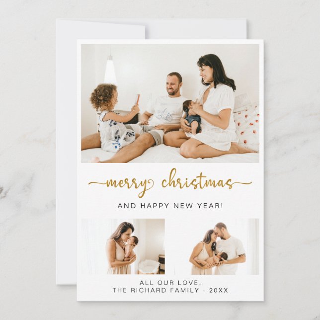 Merry Christmas Black Script 3 Collage Multi-photo Holiday Card (Front)