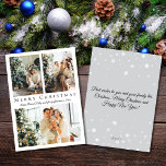 merry christmas black script 3 photos collage holiday card<br><div class="desc">background deco by freepik.com
elegant merry christmas black script three photos collage holiday Note Card 
two sided card, on the back side holiday message, custom.</div>