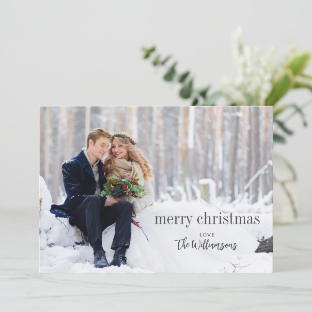 Merry Christmas Black Script Side Overlay Photo Holiday Card (Standing Front)