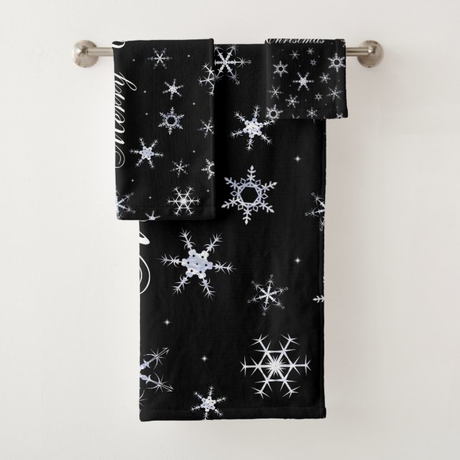 Merry Christmas Black Snowflakes Bath Towel Set (Insitu)