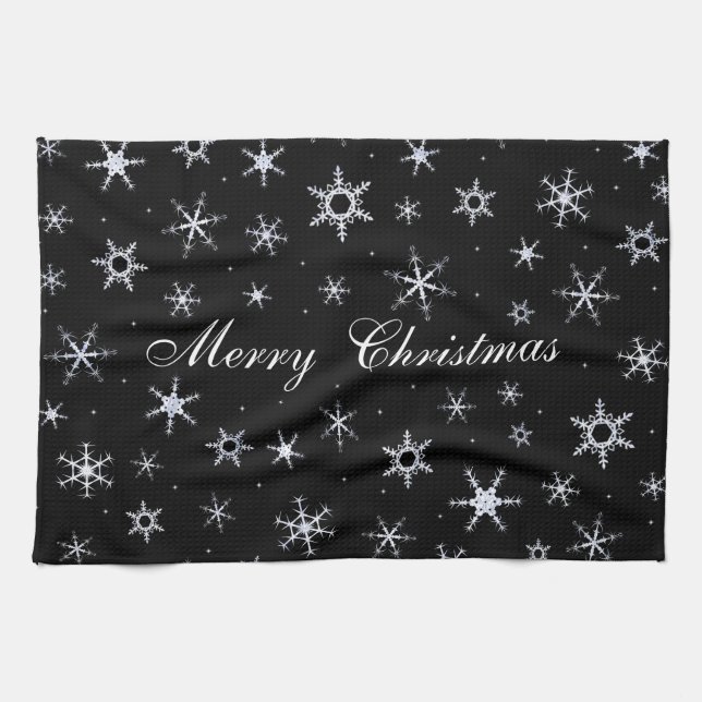 Merry Christmas Black Snowflakes Kitchen Towel (Horizontal)