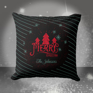Merry Christmas Black Striped Stars Christmas Tree Throw Pillow