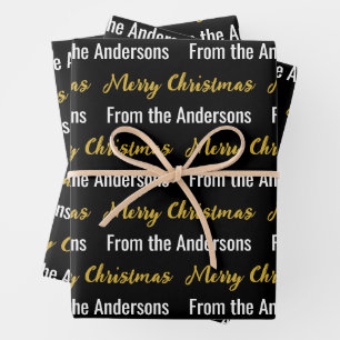 Merry Christmas Black White and Gold Script Name Wrapping Paper Sheet