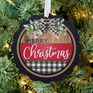 Merry Christmas Black White Buffalo Plaid Ornament Card