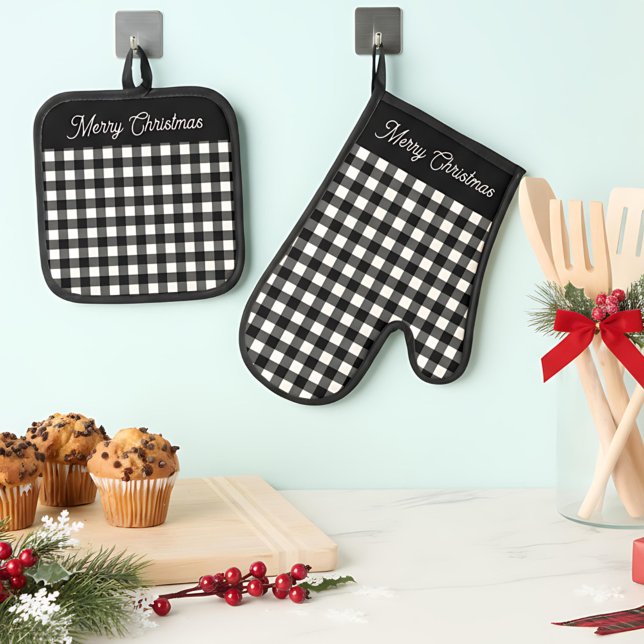 Merry Christmas Black & White Buffalo Plaid Oven Mitt & Pot Holder Set (Creator Uploaded)