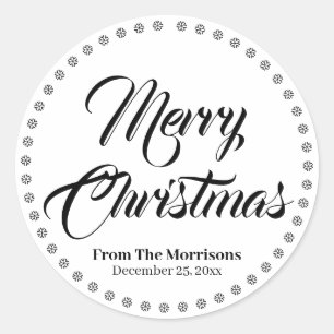 Merry Christmas black white elegant script custom Classic Round Sticker
