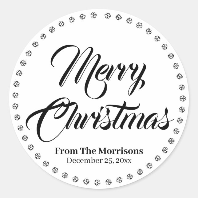 Merry Christmas black white elegant script custom Classic Round Sticker (Front)