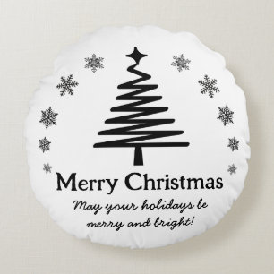merry christmas black white holiday tree snowy round pillow