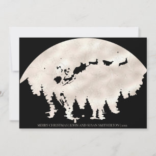 Merry Christmas Black White Santa Sleigh Reindeer Holiday Card