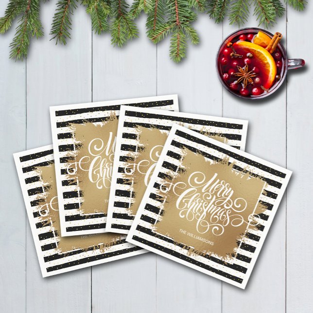 Merry Christmas Black White Stripes Gold Faux Foil Napkin (Merry Christmas typography on faux gold foil on black and white stripes cocktail napkins)