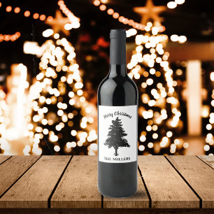Merry Christmas Black  White Tree with Family Name Wine Label
