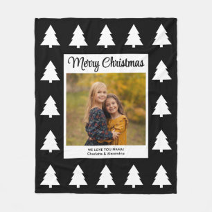 Merry Christmas Black White Trees Photo Fleece Blanket