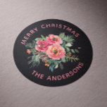 Merry Christmas. Black winter floral pine branch Classic Round Sticker<br><div class="desc">Winter black Sticker "Merry Christmas" with watercolor pink floral and pine branch for holidays gift.</div>