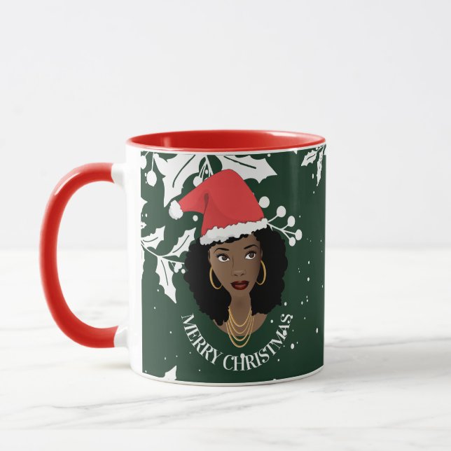 Merry Christmas, Black Woman, Red Santa Hat, Green Mug (Left)