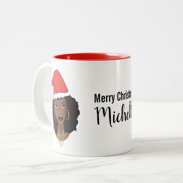 Merry Christmas! Black Woman, Red Santa Hat, Name Two-Tone Coffee Mug (Front Left)