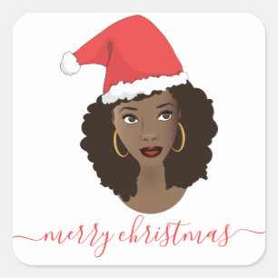 Merry Christmas, Black Woman, Red Santa Hat Square Sticker