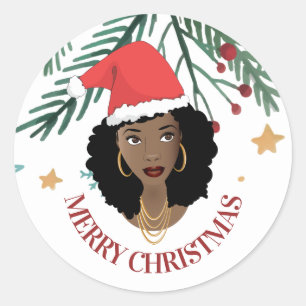 Merry Christmas, Black Woman, Red Santa Hat, Tree Classic Round Sticker