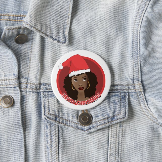 Merry Christmas, Black Woman Santa Hat 3 Inch Round Button (In Situ)