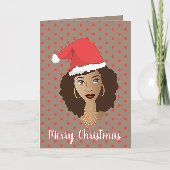 Merry Christmas! Black Woman, Santa Hat, Polka Dot Card (Front)