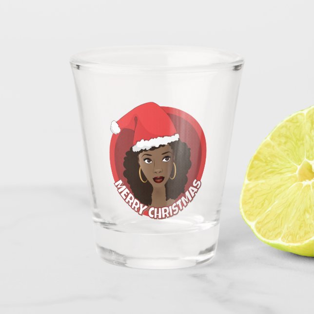 Merry Christmas, Black Woman Santa Hat Shot Glass (Front)