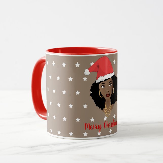 Merry Christmas, Black Woman, White Stars, Brown Mug (Front Left)