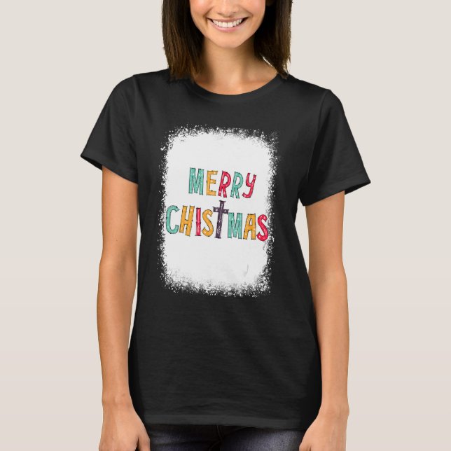 Merry Christmas Bleached Cross Xmas Graphic T-Shirt (Front)