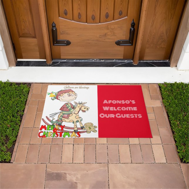 Merry Christmas Blessings Red Elf Matt Doormat (Outdoor)