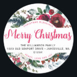 Merry Christmas Blessings Return Address Labels<br><div class="desc">Rosy red script font wishes the recipient Merry Christmas. The name and address is below in a simple and classic font. It is surrounded by a modern red floral and holly arrangement. It has a curved interior edge where I tucked Christmas Blessings and Peace, Love and Joy. You can modify...</div>