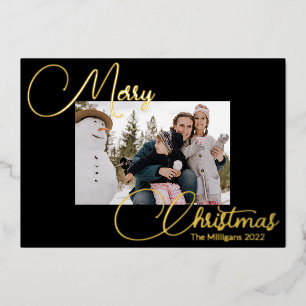 Merry Christmas Block Frame Script with Photo Foil Foil Holiday Card