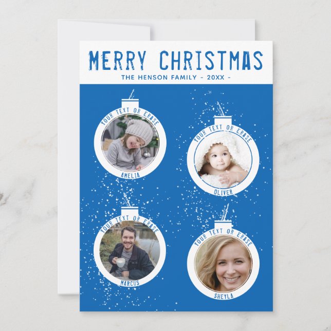 Merry Christmas Blue 4 Ball Family Photo Collage Holiday Card (Front)