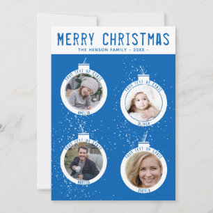 Merry Christmas Blue 4 Ball Family Photo Collage Holiday Card