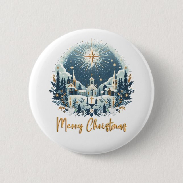 Merry Christmas blue and gold  2 Inch Round Button (Front)