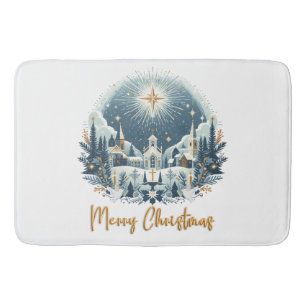 Merry Christmas blue and gold Bath Mat