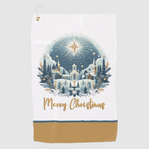 Merry Christmas blue and gold  Golf Towel