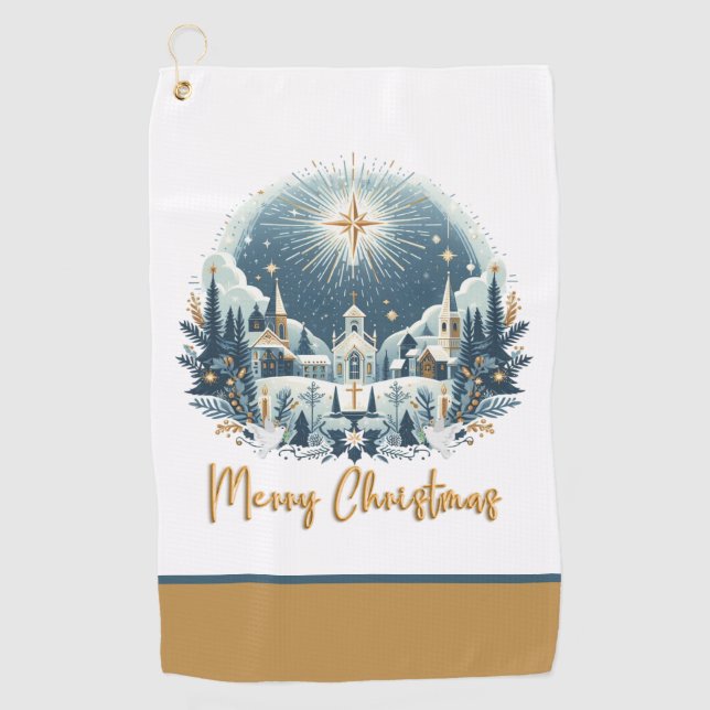 Merry Christmas blue and gold  Golf Towel (Front)