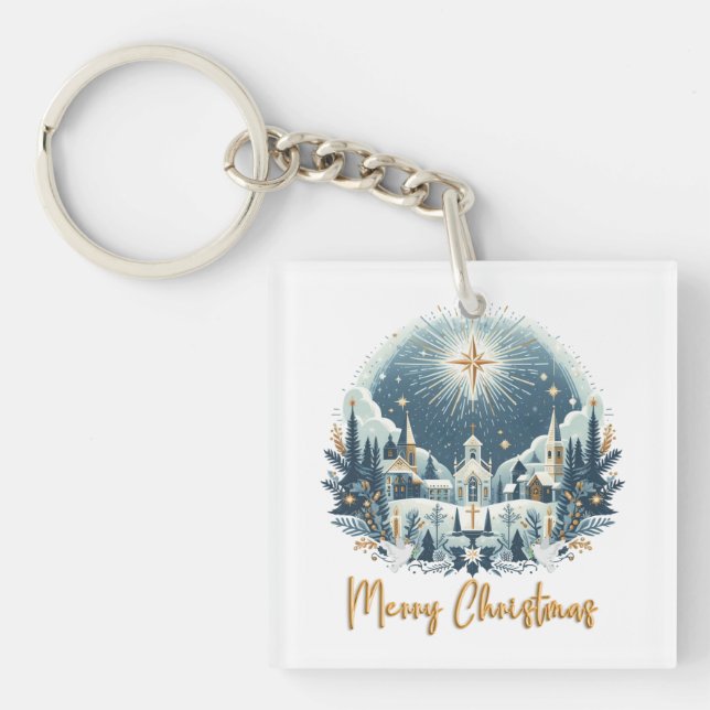 Merry Christmas blue and gold  Keychain (Front)
