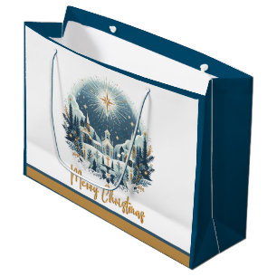 Merry Christmas blue and gold  Large Gift Bag