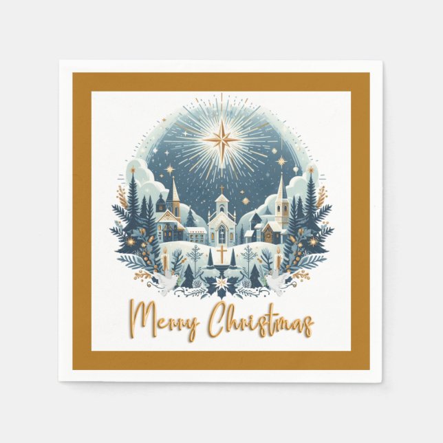 Merry Christmas blue and gold  Napkin (Front)
