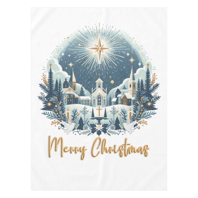 Merry Christmas blue and gold  Tablecloth (Front)