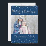 Merry Christmas Blue and Silver Foil Stars Photo Holiday Card<br><div class="desc">Merry Christmas Blue and Silver Foil Stars Photo Card. The picture and family name can be replaced on the blue and silver Merry Christmas Card.</div>