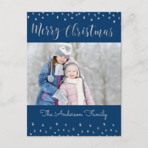 Merry Christmas Blue and Silver Foil Stars Photo Holiday Postcard