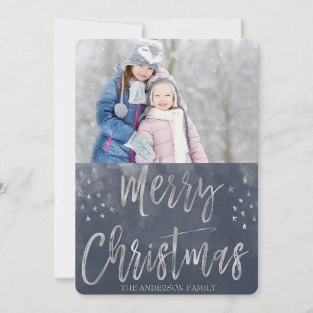 Merry Christmas Blue and Silver Watercolor Photo Holiday Card (Front)