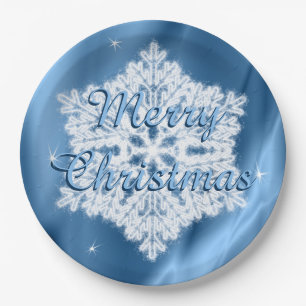 Merry Christmas Blue and White Snowflake Winter Paper Plate