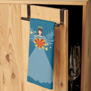 Merry Christmas Blue Angel Stars Red Heart Holiday Kitchen Towel