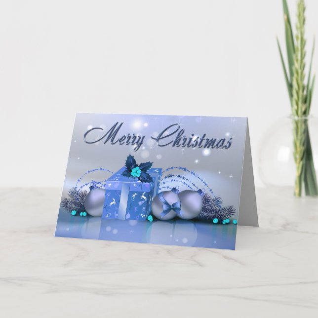 Merry Christmas Blue Baubles Holiday Card (Front)