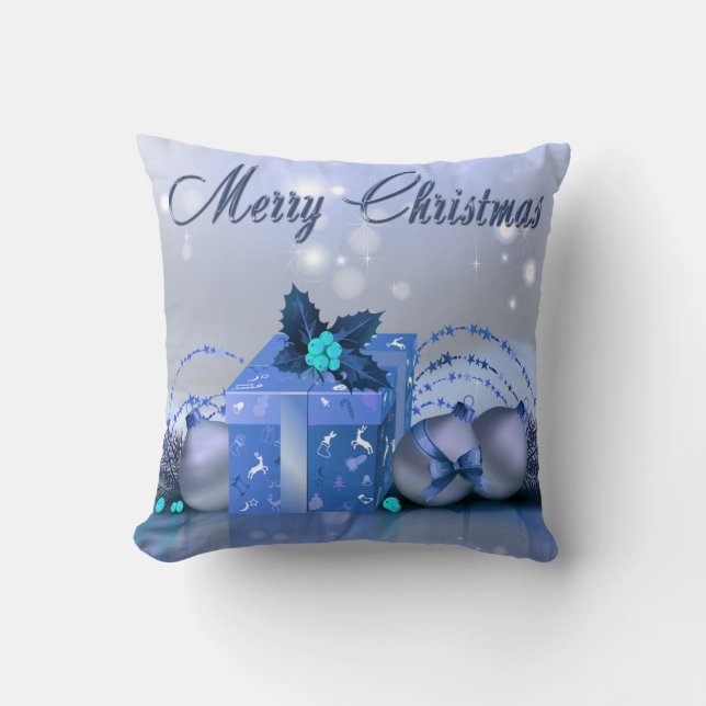 Merry Christmas Blue Baubles Throw Pillow (Front)