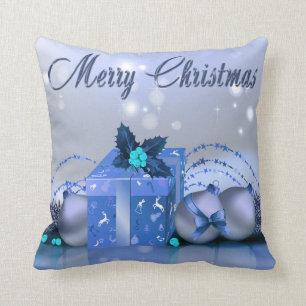 Merry Christmas Blue Baubles Throw Pillow