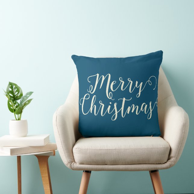 Merry Christmas Blue Beige Christmas Throw Pillow (Chair)