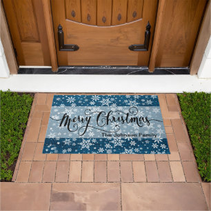Merry Christmas Blue Burlap Snowflake Pattern Doormat