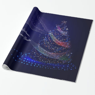 Merry Christmas Blue Christmas Tree Colourful Star Wrapping Paper